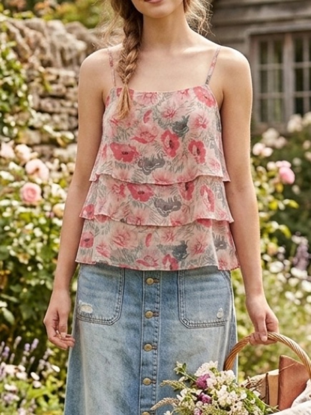 Banana Republic Strappy Tiered Tank Petal Pink Multi Gray Floral Print Small